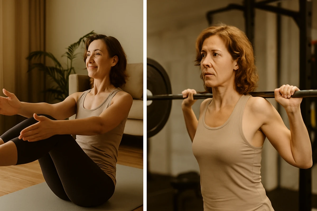 pilates o fuerza mujer haciendo ejercicios de pilates y mujer haciendo ejercicio con pesas en pantalla dividida
