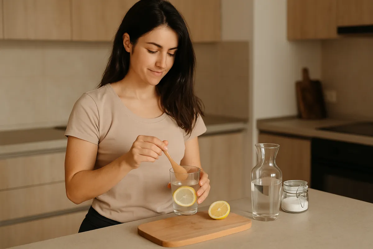 Mujer preparandose agua con limon y sal para el articulo sobre que tomar antes de hacer ejercicio para tener energia